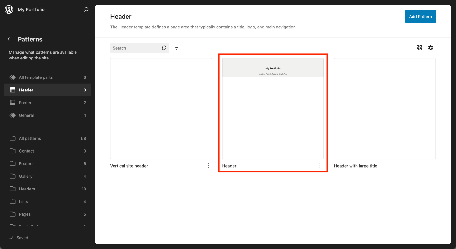 Wordpress Portfolio, highlighting "header" box